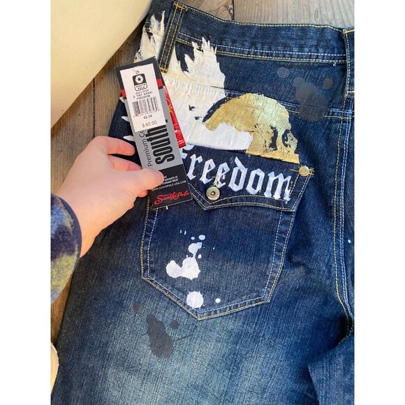 BNWT Y2K SouthPole Embroidered Freedom to Live Tint Khaki Jeans Size 42 - Picture 7 of 14